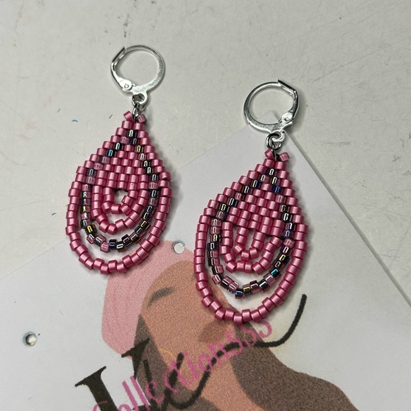 Pink Beaded Teardrop Earrings - Picture 1 of 2